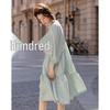 Women's Summer Puff Sleeve Babydoll Midi Dress with Asymmetric Tie