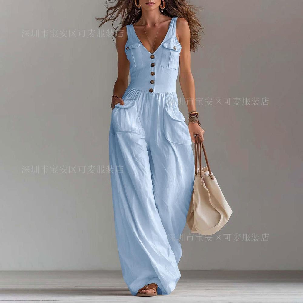 Europe, America, summer pocket V-neck button-up vest comfortable jumpsuit women