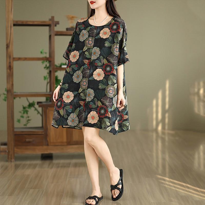 Short sleeve Plus size Cotton vintage floral new in dresses for women casual loose mini summer dress