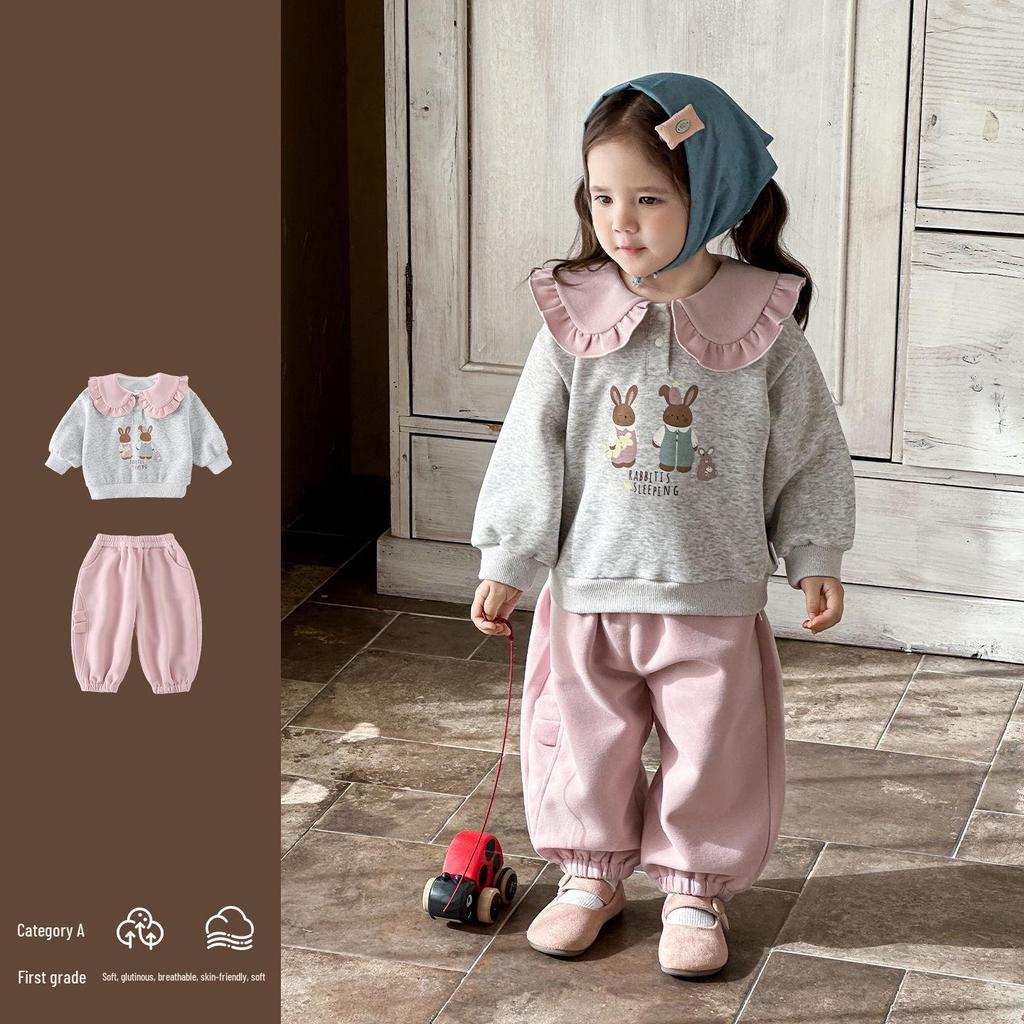 Infant Girl Spring 2026 Korean Doll Collar Top & Casual Pants Set