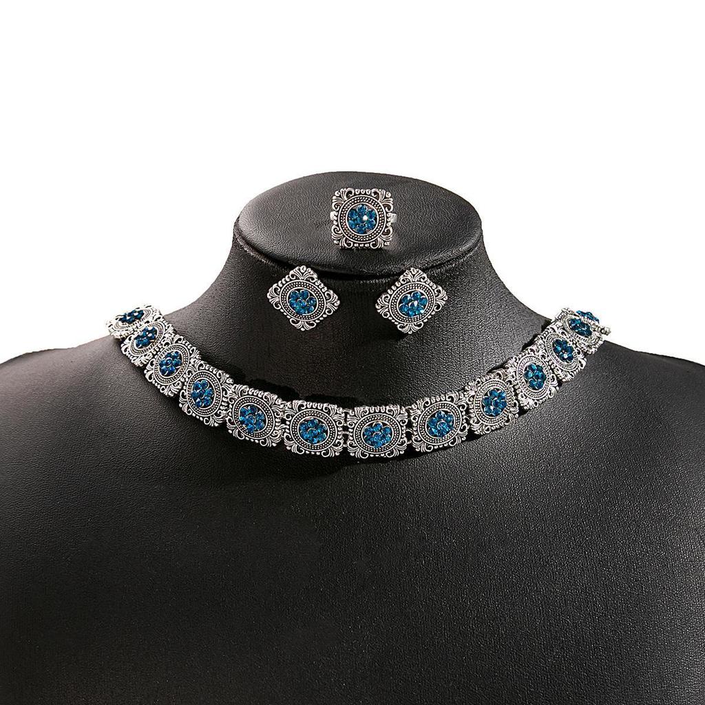 European and American luxury flower jewelry set, retro fringed round gemstone necklace geometric water drop square earrings for women