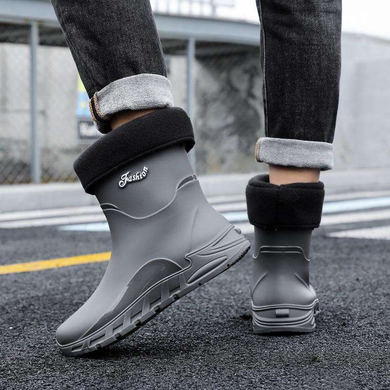 New Rain Shoes Men's Non-slip Men's Medium Tube Velvet Rubber Shoes Kitchen Wear-resistant Fishing Waterproof Rain Boots Fashion Water Shoes