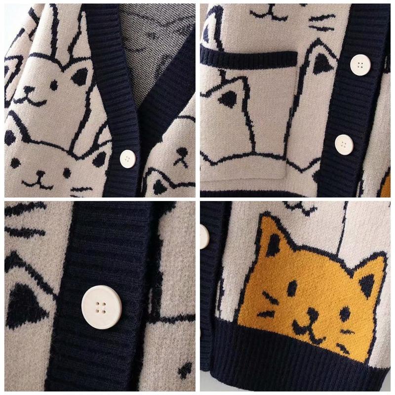 Cardigan Lavorato a Maglia Gatto Cartone Animato Maglione Autunno Inverno Donna Maglione Harajuku Cappotto Scollo a O Manica Lunga Cardigan