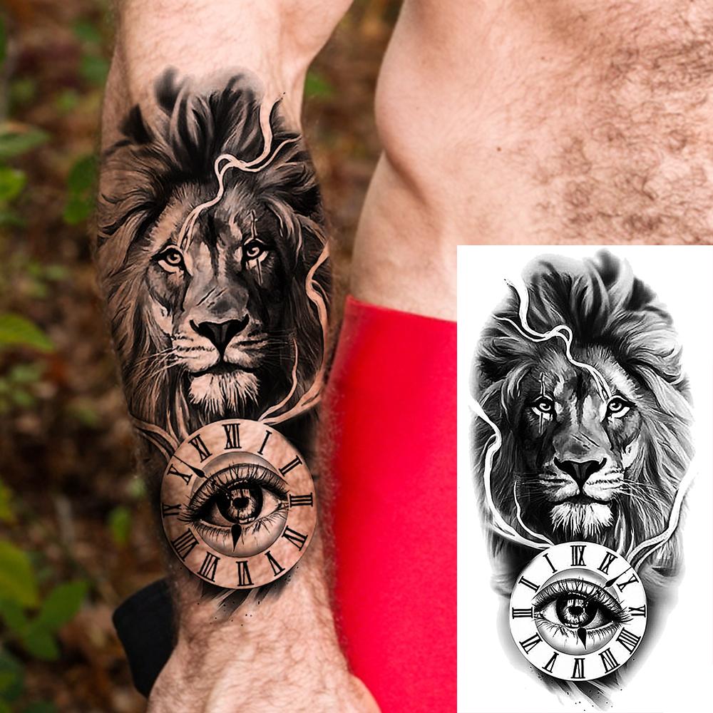 1 Sheet Lion Wolf Skeleton Nun Tiger Black Temporary Tattoos For Men Adult Leg Arm Compass Flower Fake Tattoo Sticker Waterproof
