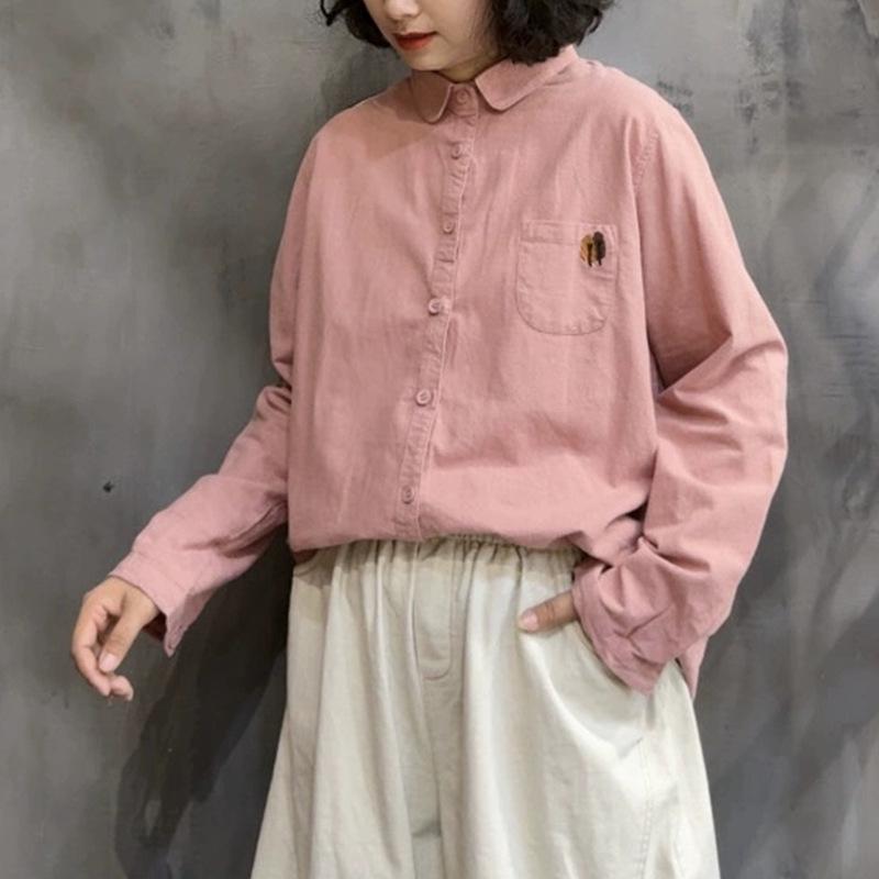 

Women s Retro Embroidered Long Sleeve Lapel Shirt - Artistic, Loose, Slimming, Versatile for Autumn/Winter One Size