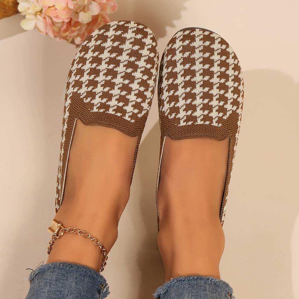 Women Flats 2024 New Round Toe Flat Shoes for Women Plus Size Shallow Sneakers Women Knitting Plaid Print Walking Loafers Shoes