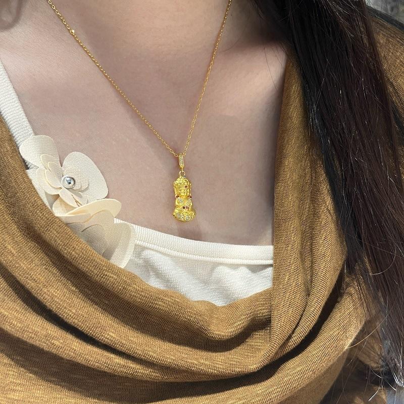 Ancient Frosted Lotus Baby Buddha Necklace Small Gold Buddha Pendant Guardian Baby Buddha Sweater Chain Accessories