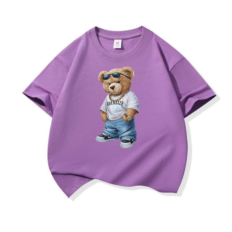 Hip Hop Style Bear With Sunglasses Graphic Tee Kids Pure Cotton Crew Neck T Shirt Short Sleeve Muticolor Tops Boys Girls Child