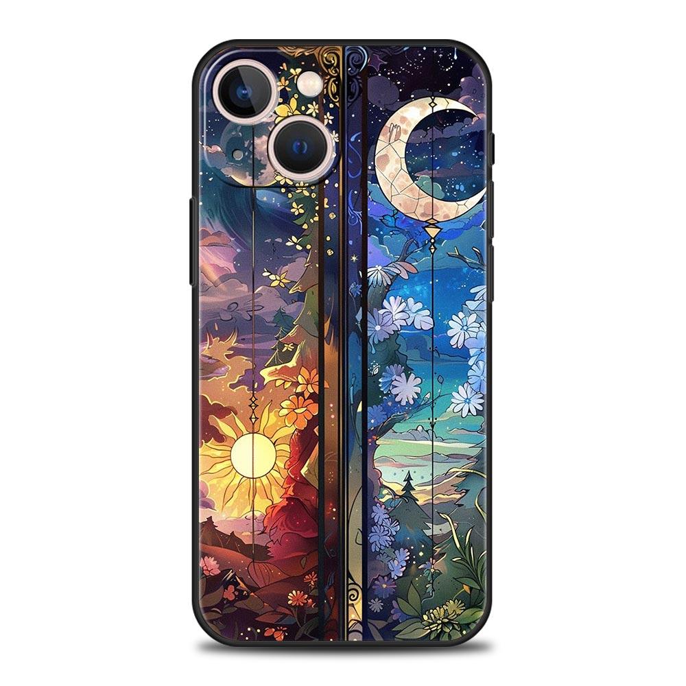 Beautiful Sun Moon Glass Phone Case Cover for iPhone 17 16 15 14 13 12 Pro Max 11 Pro Max 17 AIR Plus Shockproof Soft TPU Shell