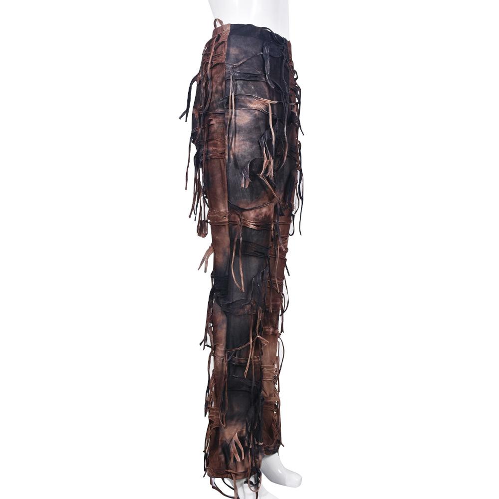 Neue Damen Herbst Tie-Dye Ausgefranste Jeans, Distressed Design Boho Streetwear Lässige Denim-Hose mit Fransen-Saum, Künstlerische Baggy-Hose