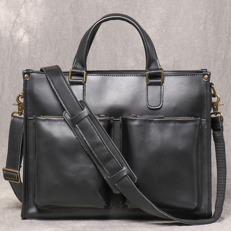 Retro Fashion Men'S Genuine Leather Laptop Bag Crazy Horse Leather Handmade Shoulder Oblique Span Bag Large Capacity Briefcase