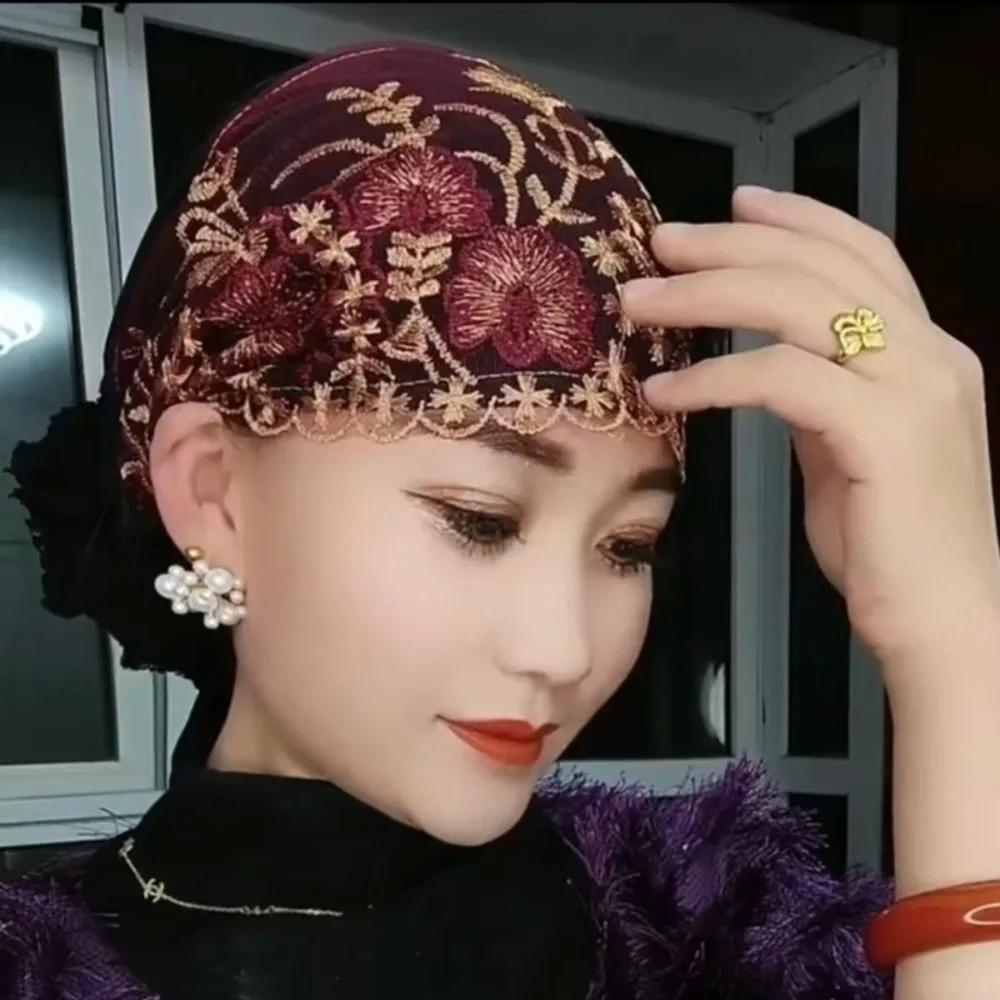 New Flower Embroidery Bonnet Hat Elastic Full Cover Headwear Cover White Hair Breathable Turban Hat Gift