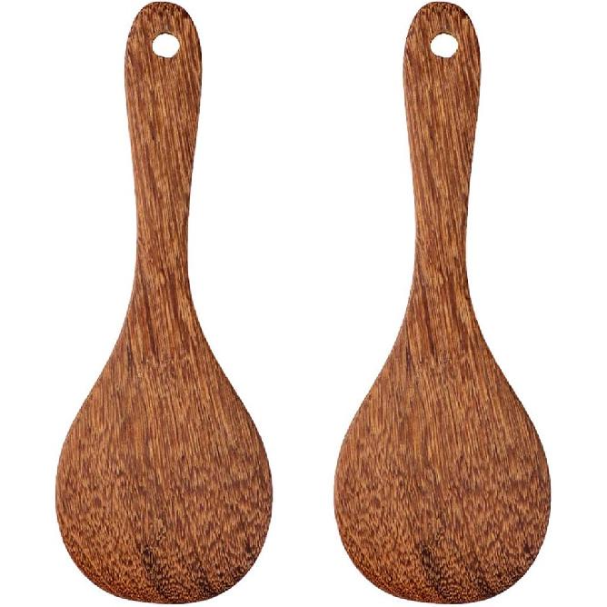 2 Pack Wooden Rice Spoon Rice Cooker Spatula Utensils Wood Rice Paddle Non Stick Rice Spatula Kitchen Cooking Salad Tongs Rice Serving Spoon Set