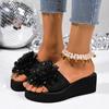 Fashion Fashion Flower Design Wedge Slippers Women Summer Sequins Black Platform Slides Female Stylish Anti-Slip High Heel Sandals Mujer