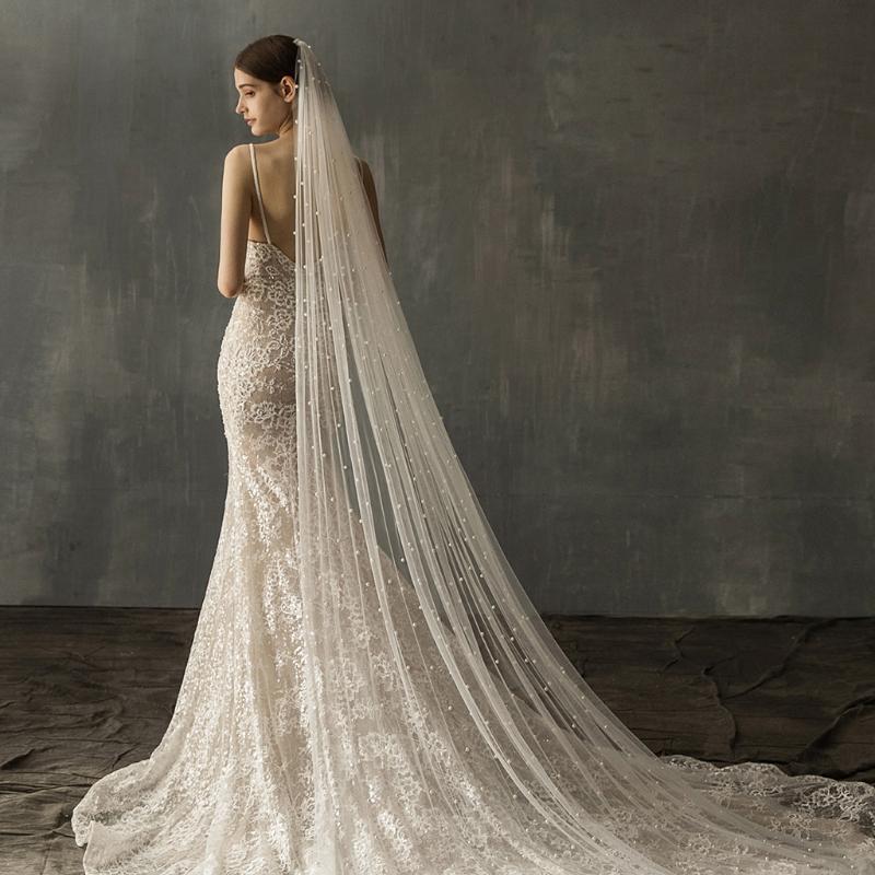 Wedding Bridal Veil with Comb One Layer Pearls Adornment Cut Edge Elbow/Fingertip/Cathedral Length Tulle Sheer Veils
