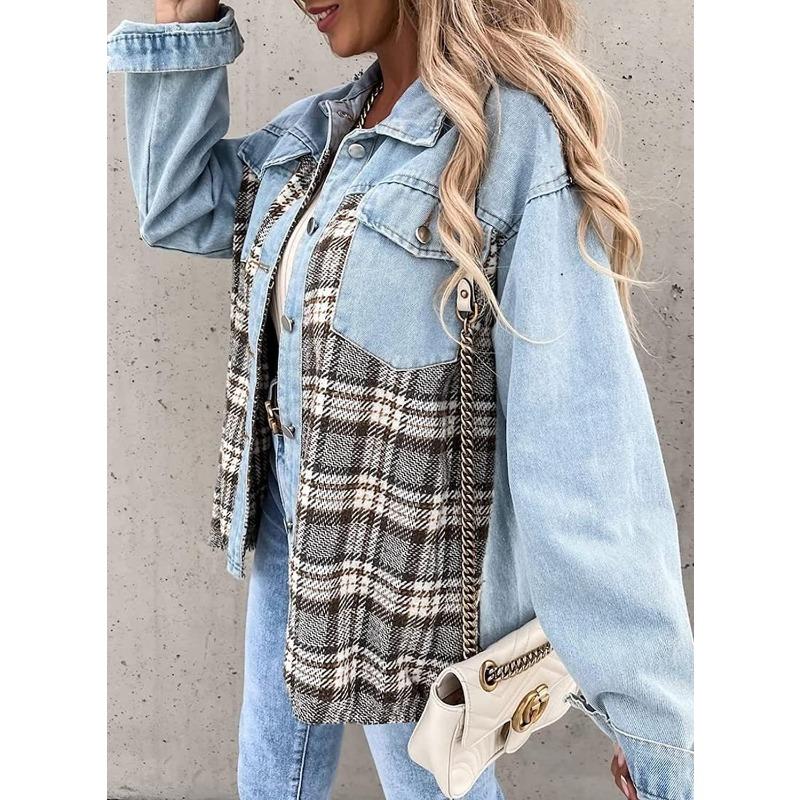 JKASHDK Moda Donna Casual Stampa a Quadri Autunno Inverno Manica Lunga Giacche e Cappotti con Collo POLO