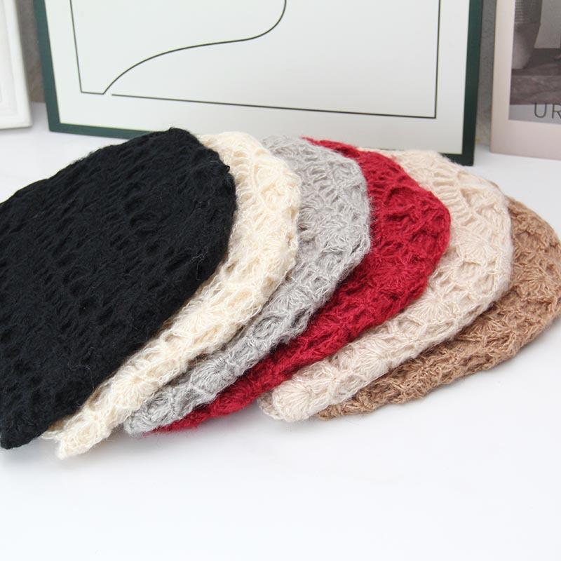 Handmade crochet knitted hat women's autumn and winter hollow flower bag head hat literary and retro wool hat double-layer casual cold hat