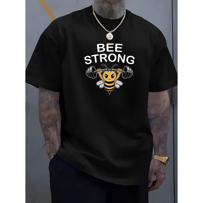 

Men S Casual BEE STRONG Graphic T-Shirt - Soft, Breathable, Round Neck Tee with Dumbbell Design, for Summer, Gym Apparel | Comfortable Fit 4XL чорний