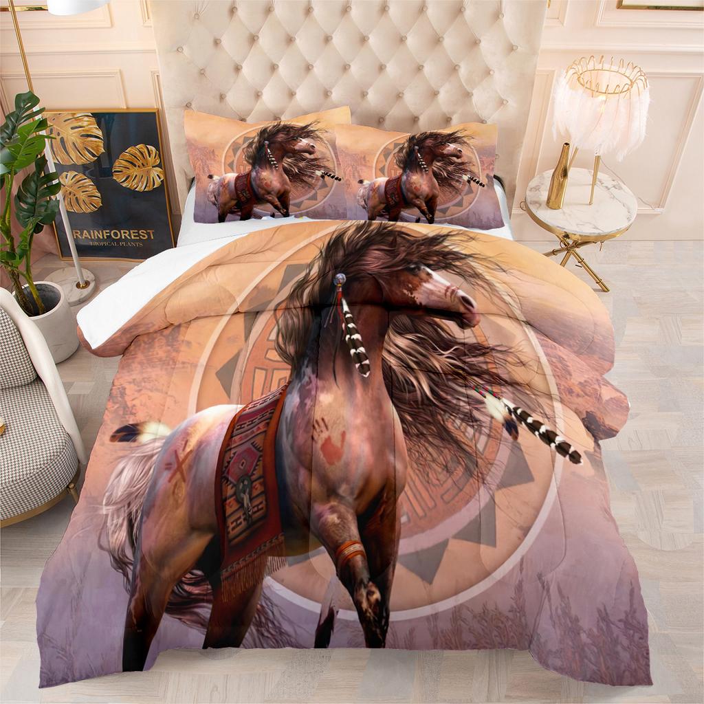 Hand Painted Animal Quilt Horse Three-Piece Set Bed Fat Quilt Digital Printing 3D Feather Silk Cotton Quilt Set