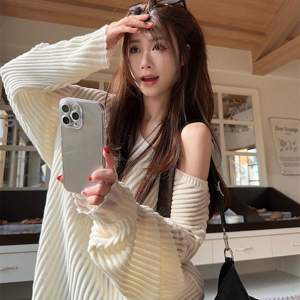Lazy Loose Sweater Cover Slanted Shoulder Long Sleeved Knitted Sweater Women's Spring Design Sense Spicy Girl Versatile Top