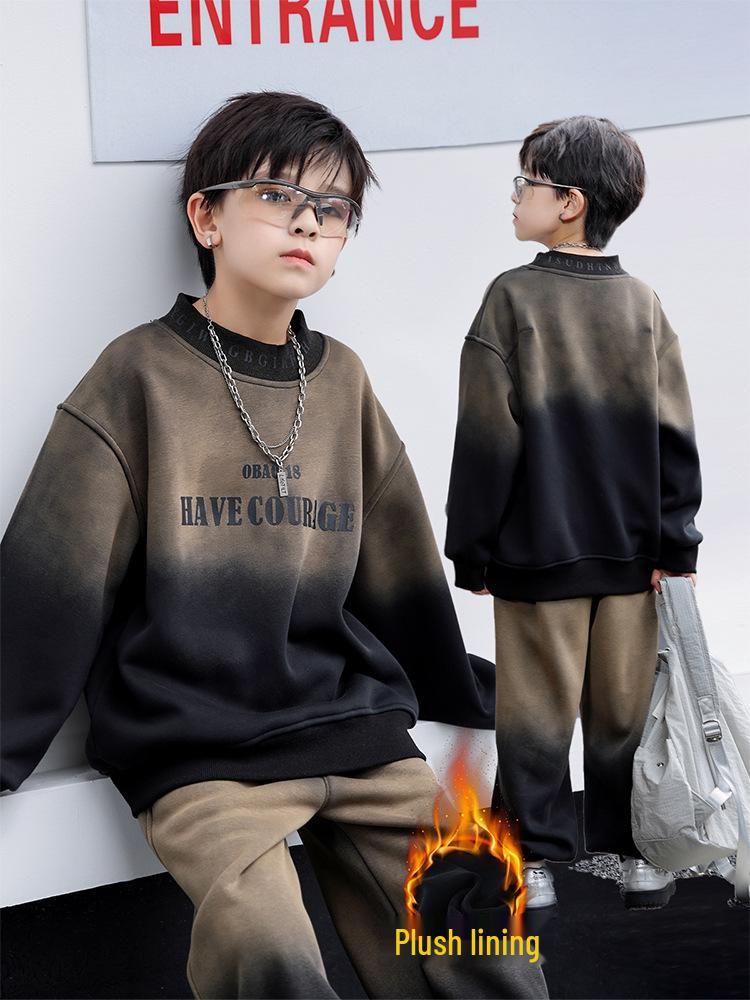 Trendiges Retro Kinder Fleece Sweatshirt & Hosen Set - Warmes Herbst/Winter Zweiteiler für Jungen
