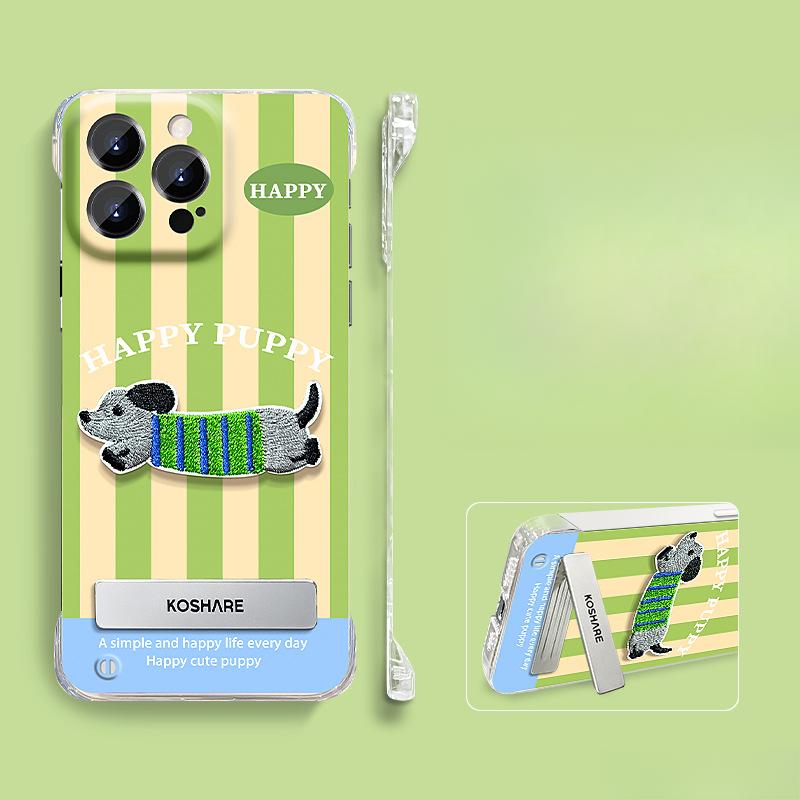 

Striped Cute Embroidered Puppy Stand Suitable for Apple 13PROMAX Mobile Phone Case 14 Transparent Frameless XR Ultra Thin iPhone 15