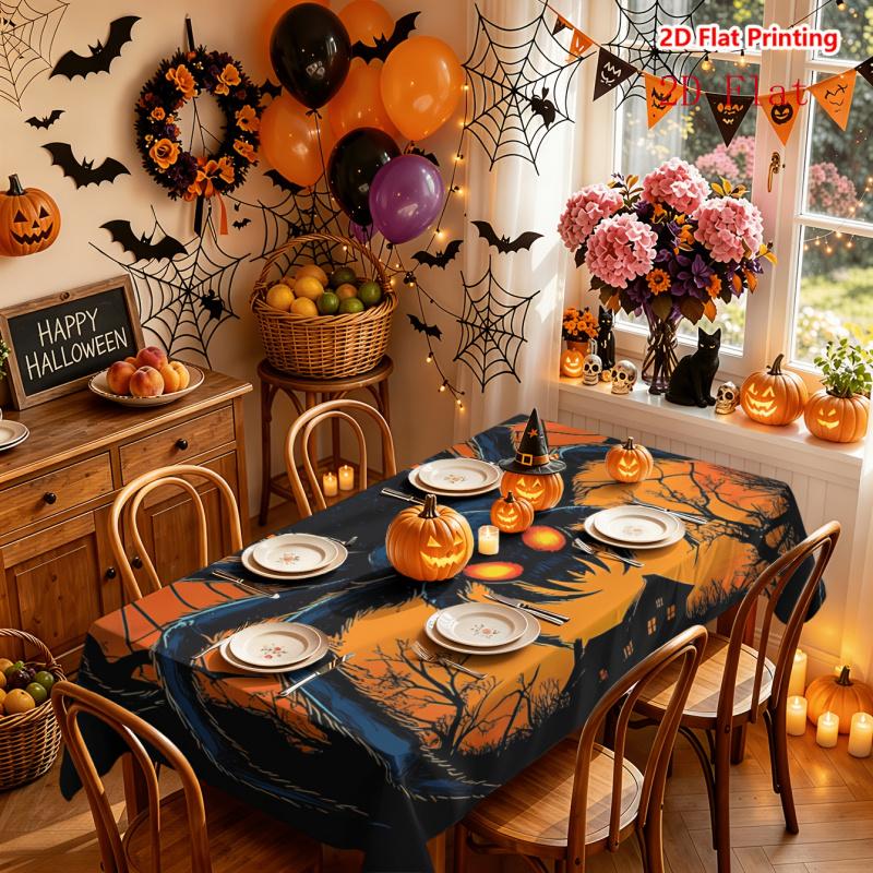 2D Flat 1pc Tablecloth, Halloween-Themed Tablecloth with Spider Web Orange Background, Large Spider Pattern, House And Dead Tree Silhouettes, Suitable