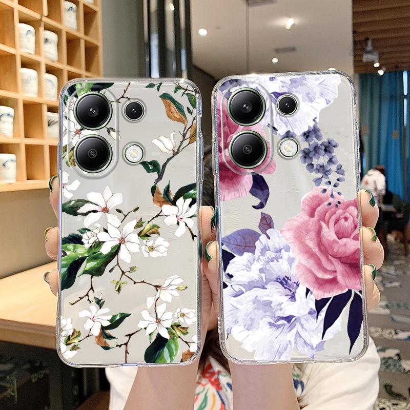 Fashion Flower Soft Clear Silicone Case For Xiaomi Redmi Note 13 14T 15 Samsung A55 A35 S24 FE iPhone Huawei Honor Camera Protective Shockproof Cover