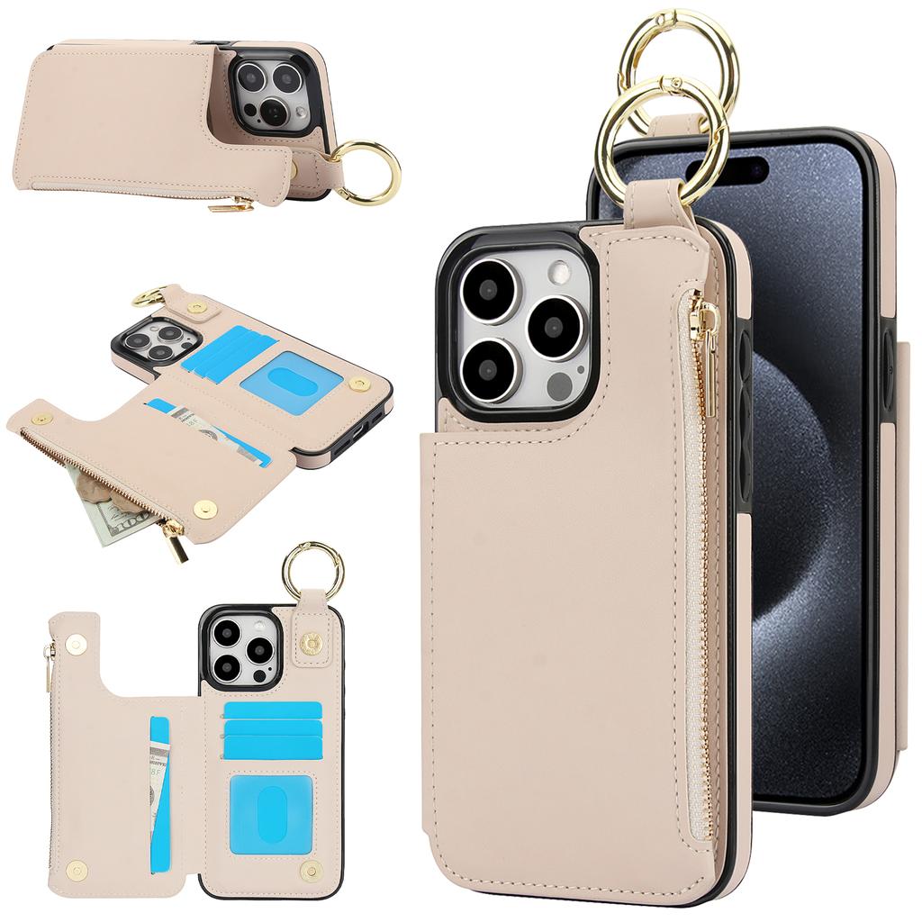 Zipper Cards Solt Wallet Ring Holder Leather Case For iPhone 16 Pro Max 15 Plus 14 13 12 11 Double Buckle Magnetic Rfid Cover