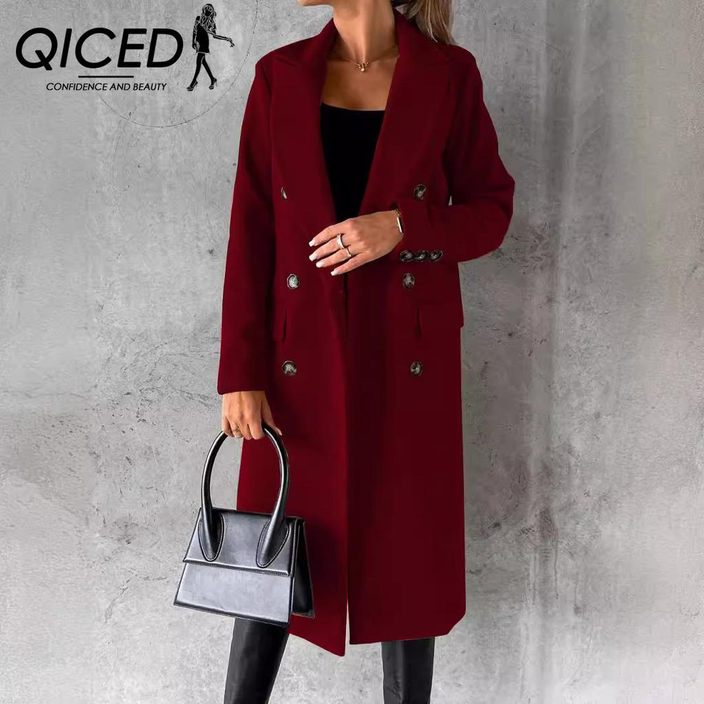 QICED Women's Coat Versatile Tweed Coat Solid Colour Long Sleeve Double Breasted Plug Pockets