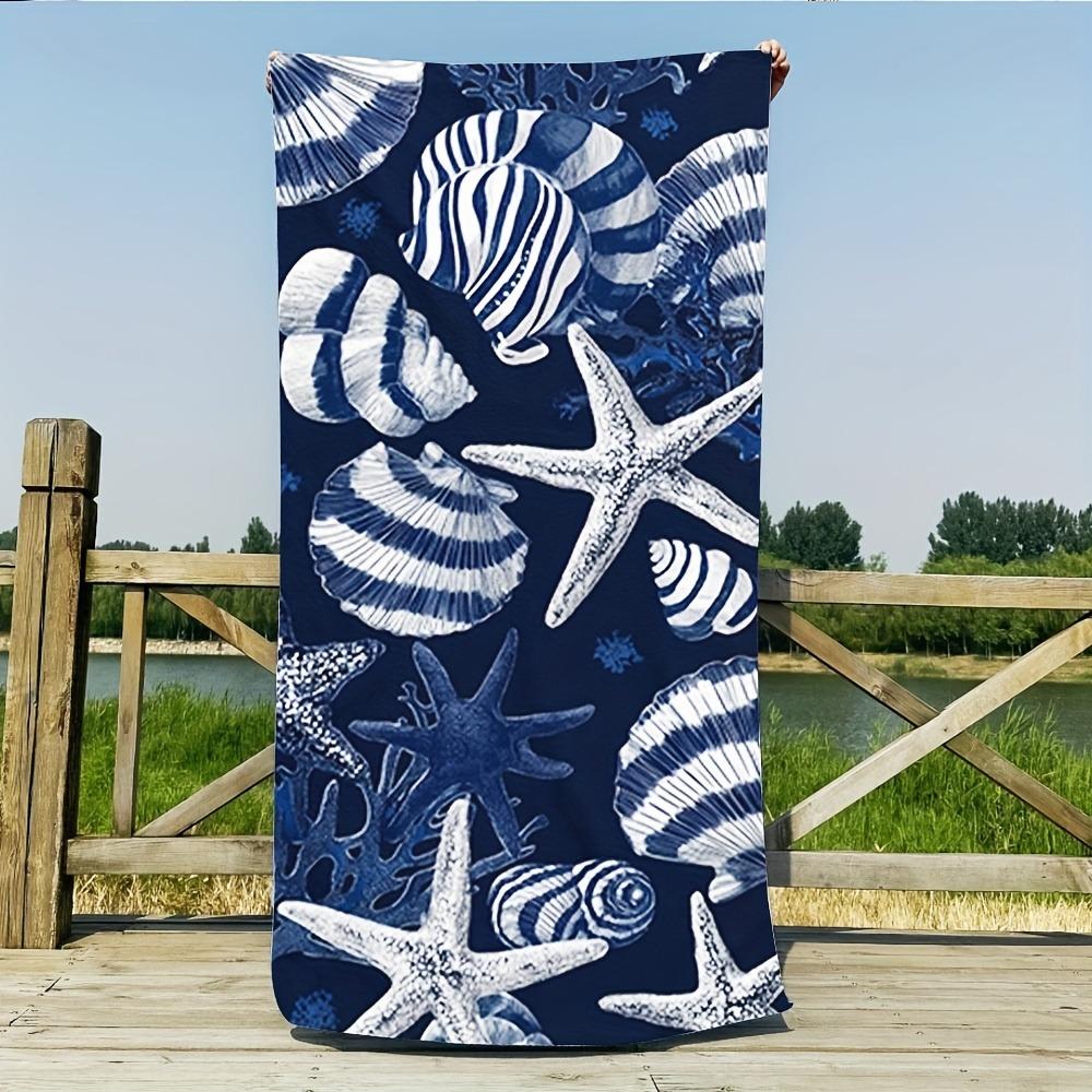 1pc Navy Blue Ocean Starfish Shell Beach Towel, Quick Dry & Portable. Ideal for Swimming, Camping, Travel and Bath