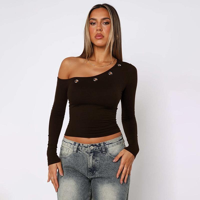 2026 Casual Diagonal Neck Long Sleeve Off The Shoulder Womens Blouse Spring Solid Color Crop Tops Streetwear T-shirt Slim Fit Short Shirt