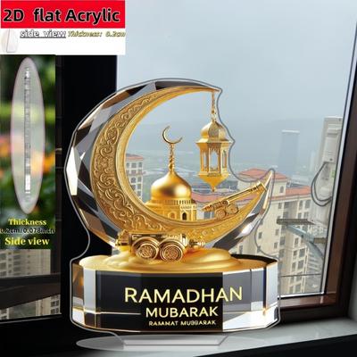Décoration de Bureau Acrylique Élégante 2D Plate Ramadan Moubarak, Design Croissant de Lune, Plaque de Décoration Intérieure Accrochage Mural Art Décoratif de Jardin pour