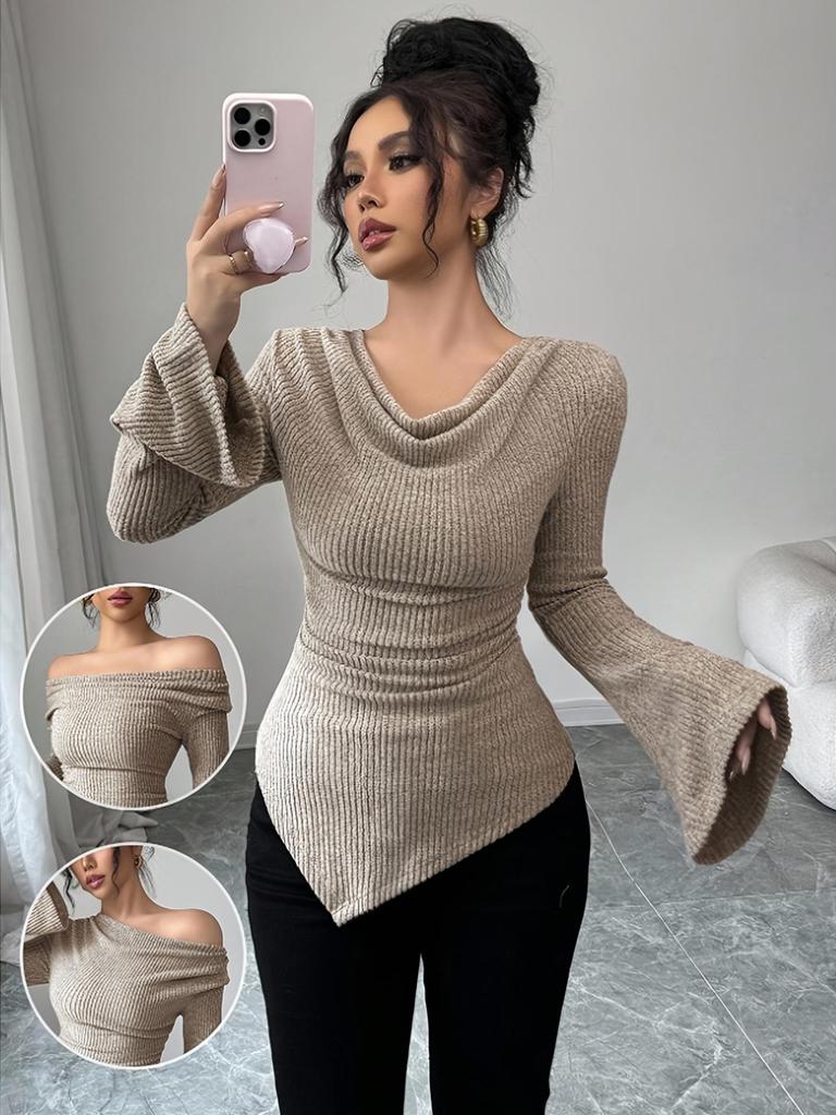 2026 Spring Women's Off-Shoulder Ribbed Knit Bell Sleeve Top