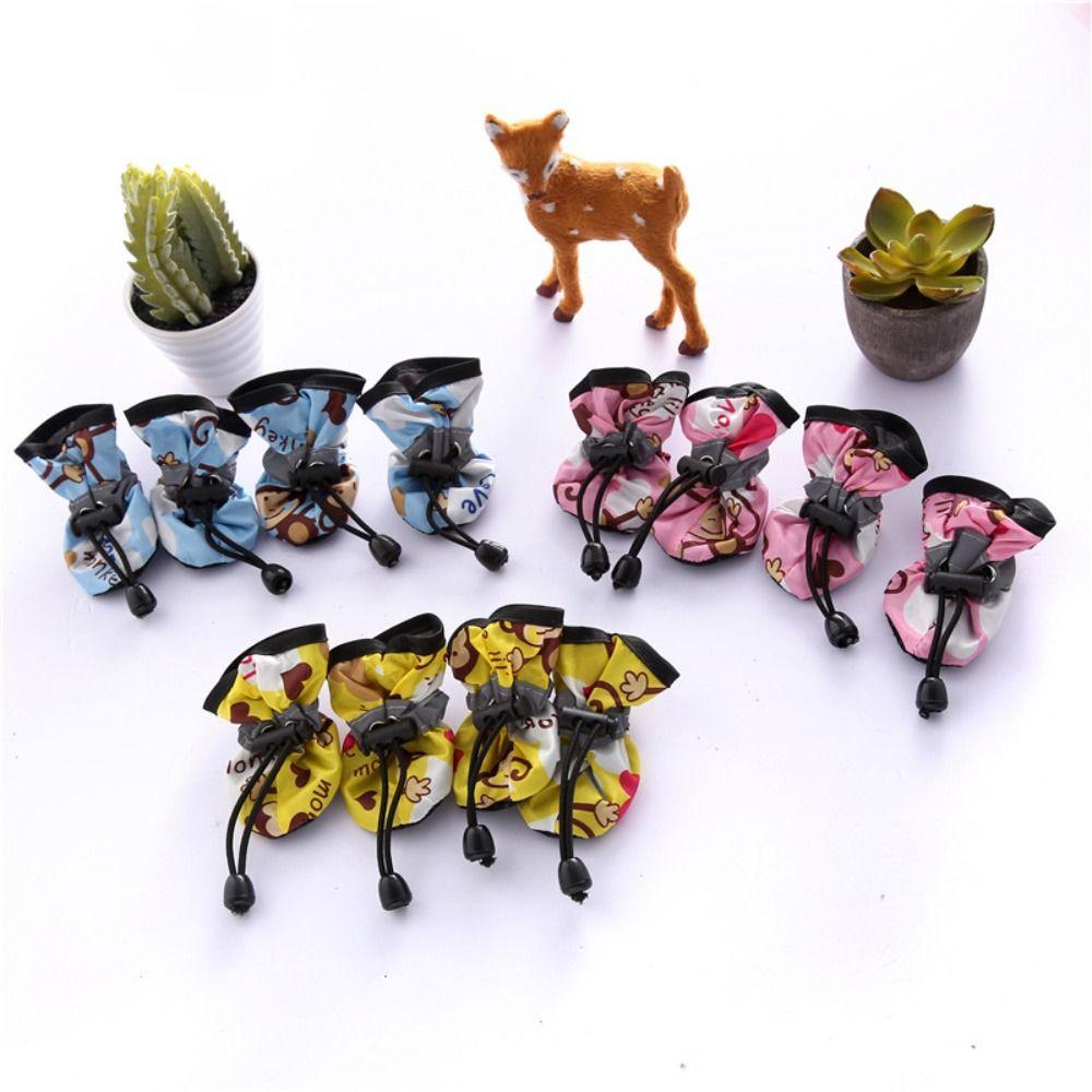 4PCS New Cloth Rubber Pet Boots Shoes Non-Slip Yellow Rose Red Blue Small Puppy Sock Shoes Adjustable Rain Snow Boots Puppy Dog