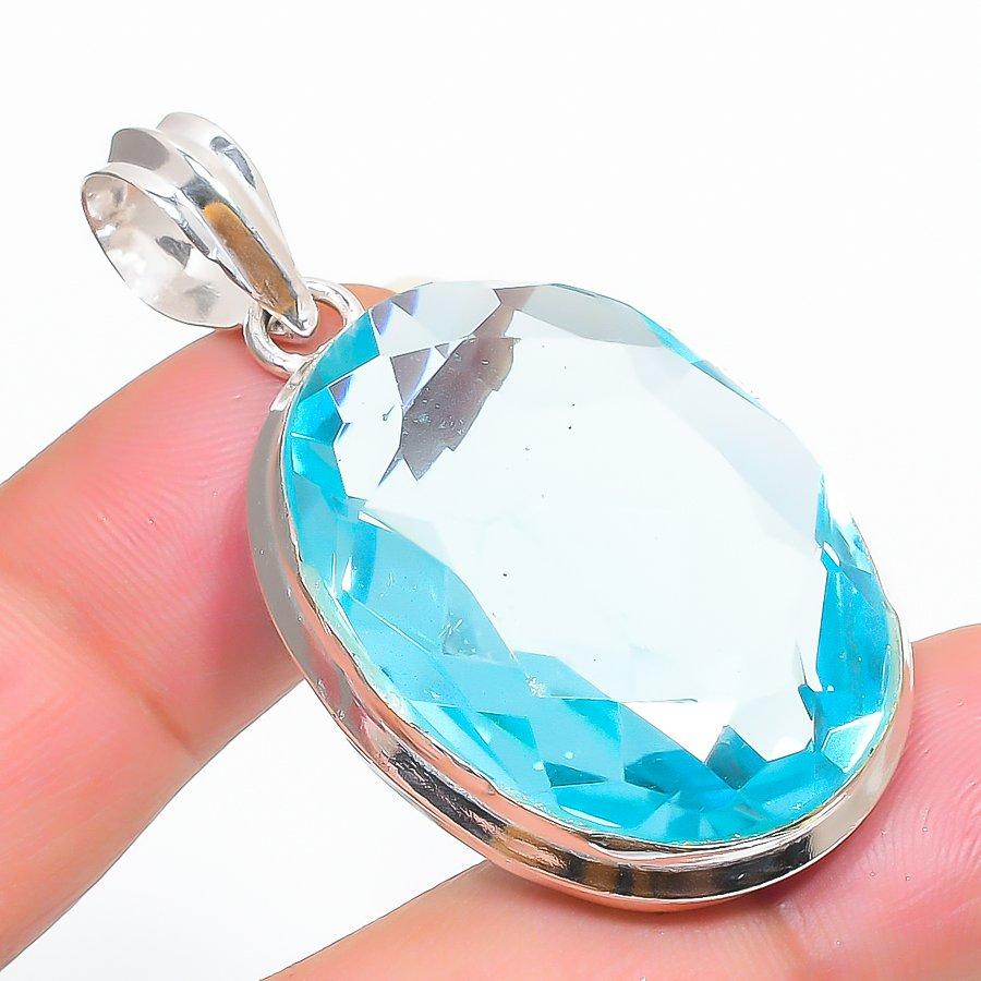 Lab Created Swiss Blue Topaz Pendant 1.9" Silver Tone Oval Cut Gemstone Jewelry
