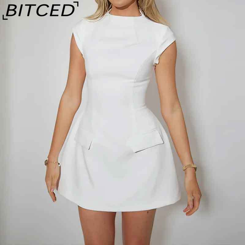 

BITCED Spring Collection Solid-Colour O-Neck Short-Length Waist-Defining Pocketed Elegant Dress XL білий