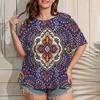 2025 Women's Large Size T-Shirt Summer Outdoor Casual Short Sleeve Tops Retro Ethnic Floral Print OverSize Women's Clothing