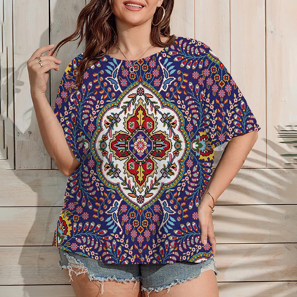 2025 Women's Large Size T-Shirt Summer Outdoor Casual Short Sleeve Tops Retro Ethnic Floral Print OverSize Women's Clothing