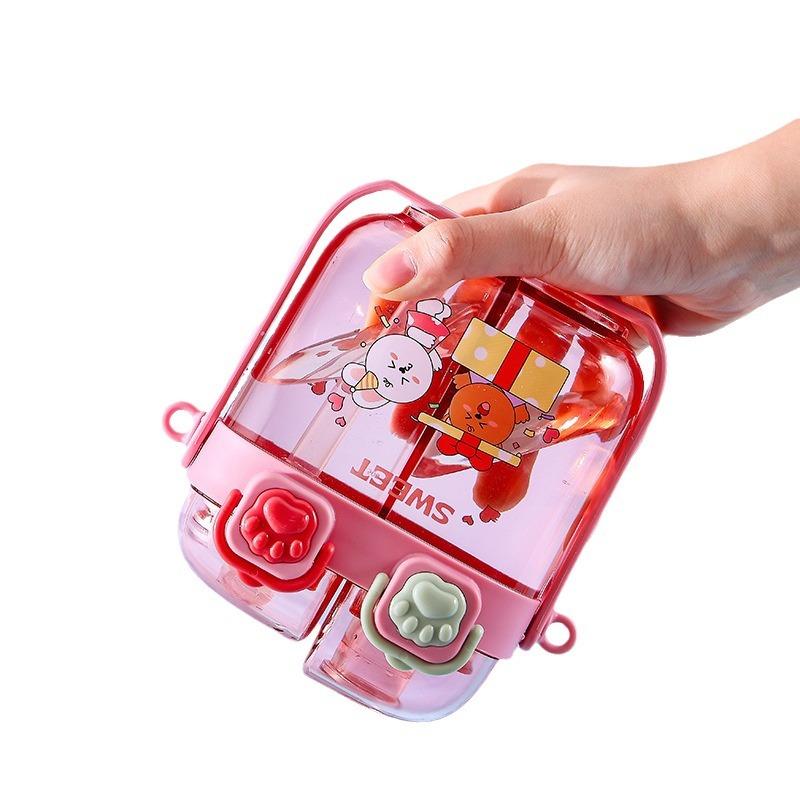 Children's Double-drinking Water Cup with Separate Compartments, Plastic Cartoon Straw Cup, Student Portable Hanging Rope Water Bottle