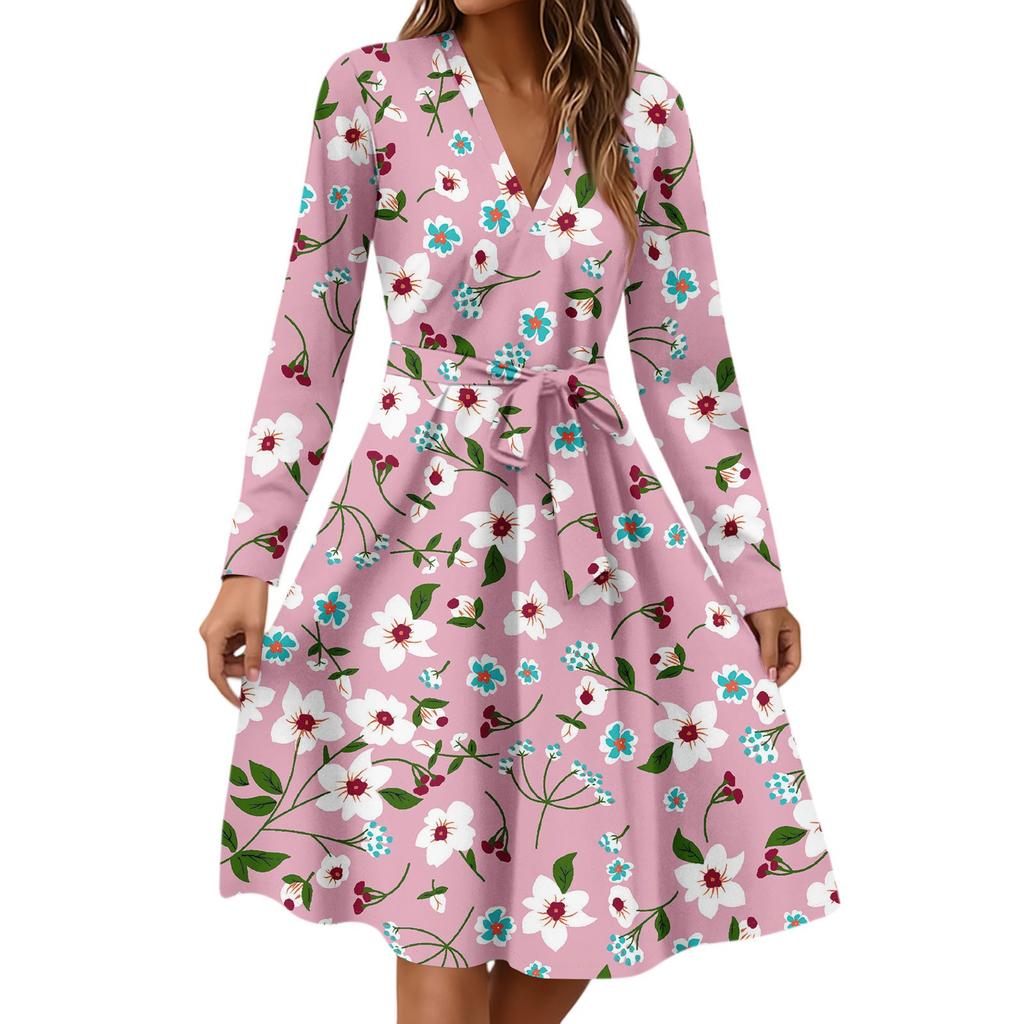 Dámské módní ležérní šaty midi s výstřihem do V, dlouhým rukávem, v pase a s květinovým potiskem