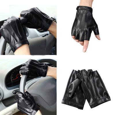 Men PU Black Gloves with Adjustable Strap Anti-Slip Half Finger Gloves for Riding Driving Cosplay Costume Accessories