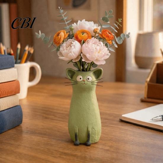 Resin Cat Ornament Quirky Vase, Cute Flower Holder for Desk Shelf, Mini Planter Unique Gift Dried Flowers, Creative Home Decor Ornament, Lovers