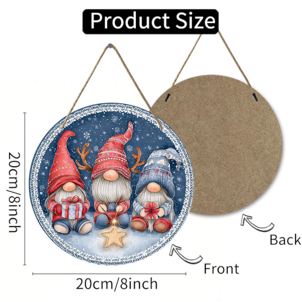 Festive Christmas gnomes pattern Round Wooden Hanging Plaque winter holiday wall art decor farmhouse indoor front door sign home ornament
