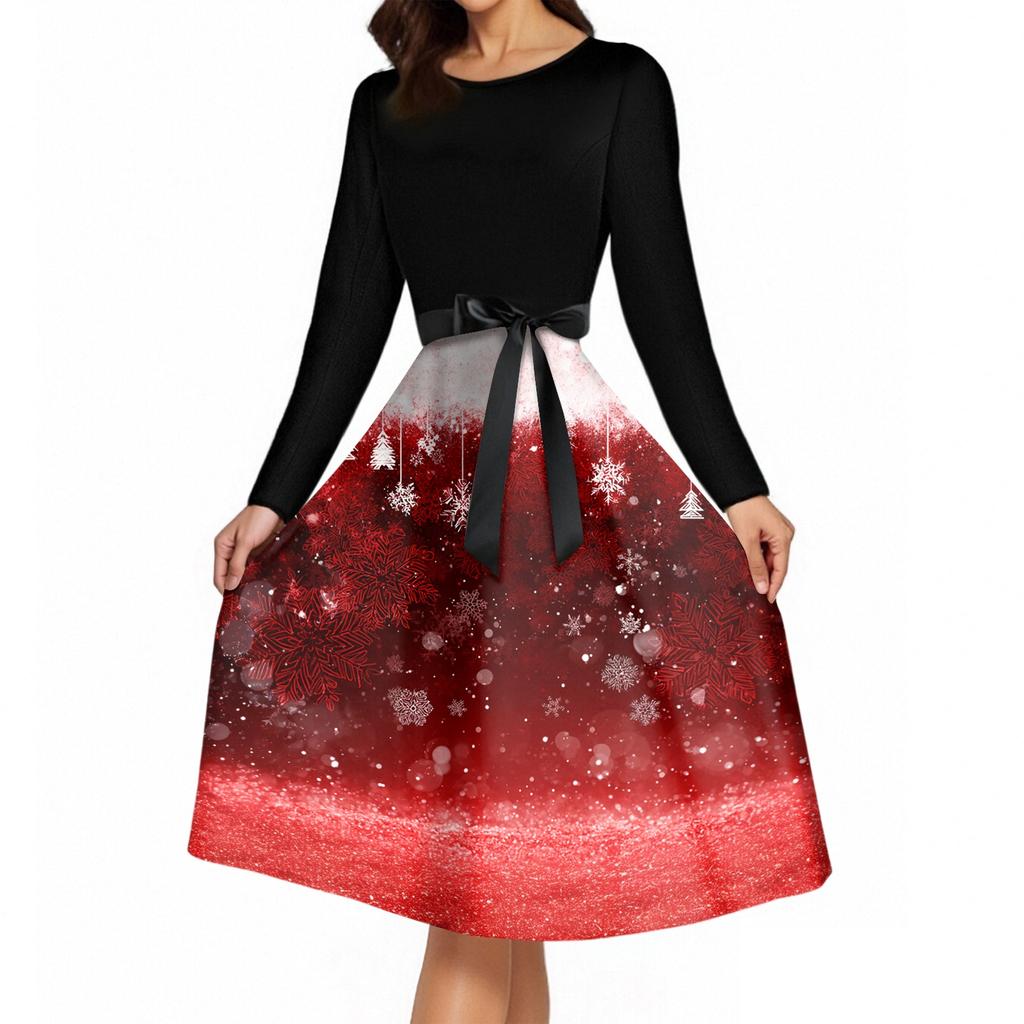 Women's Vintage Christmas Print Long Sleeve Round Neck Evening Party Dress for Holiday Events