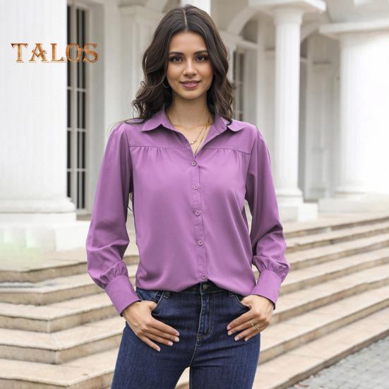 Women Shirt Lapel Puff Long Sleeve Solid Color Single-Breasted Shirt Tops Loose Fit Casual Tops Work Daily Wear