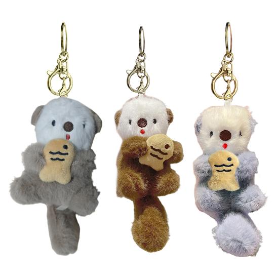 Porte-clés loutre avec poisson en peluche, breloque pour sac, porte-clés, adorable loutre, animal pour hommes, femmes, amoureux des animaux, amis, famille
