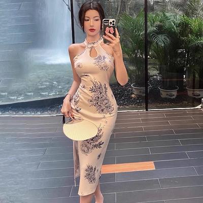 Improved Cheongsam Young Temperament Retro Print Daily Wearable Mid-length Sexy Hip-cover Dress Summer