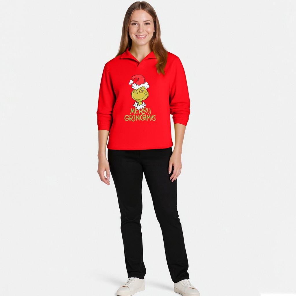 Women's Stand-up Collar Long-sleeved Pullover Top, Christmas Print Sports Top