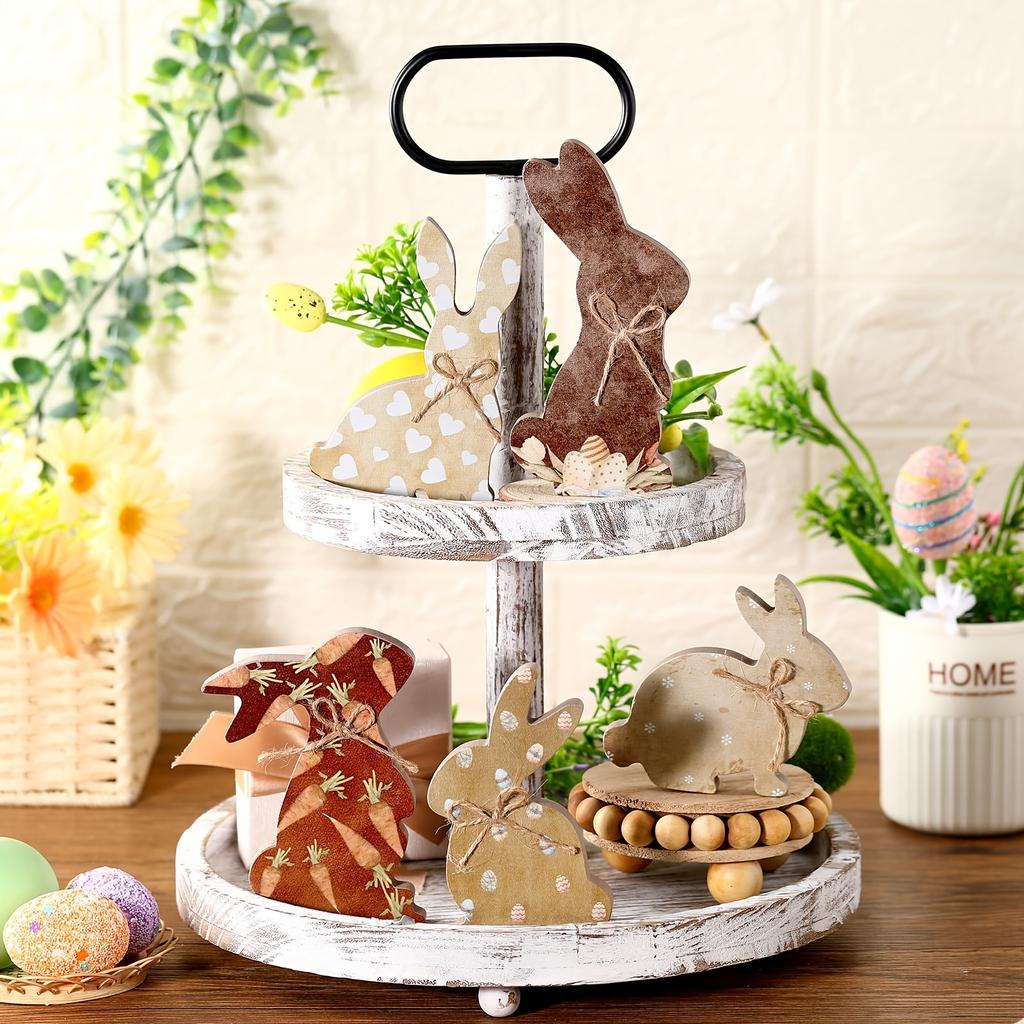 1-5pc Rustic Wooden Easter Bunny Signs Freestanding Rabbit Tabletop Ornament with Bow for Spring Party Home Decor Props Supplies